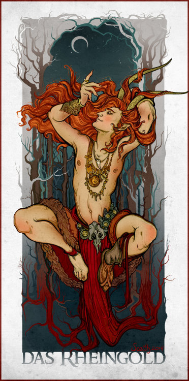 Loki depicted as a shirtless god with long red hair and horns. One boot missing. Jewelry, skull belt, hands above head. Bent knees. Dark trees and crescent moon in background.